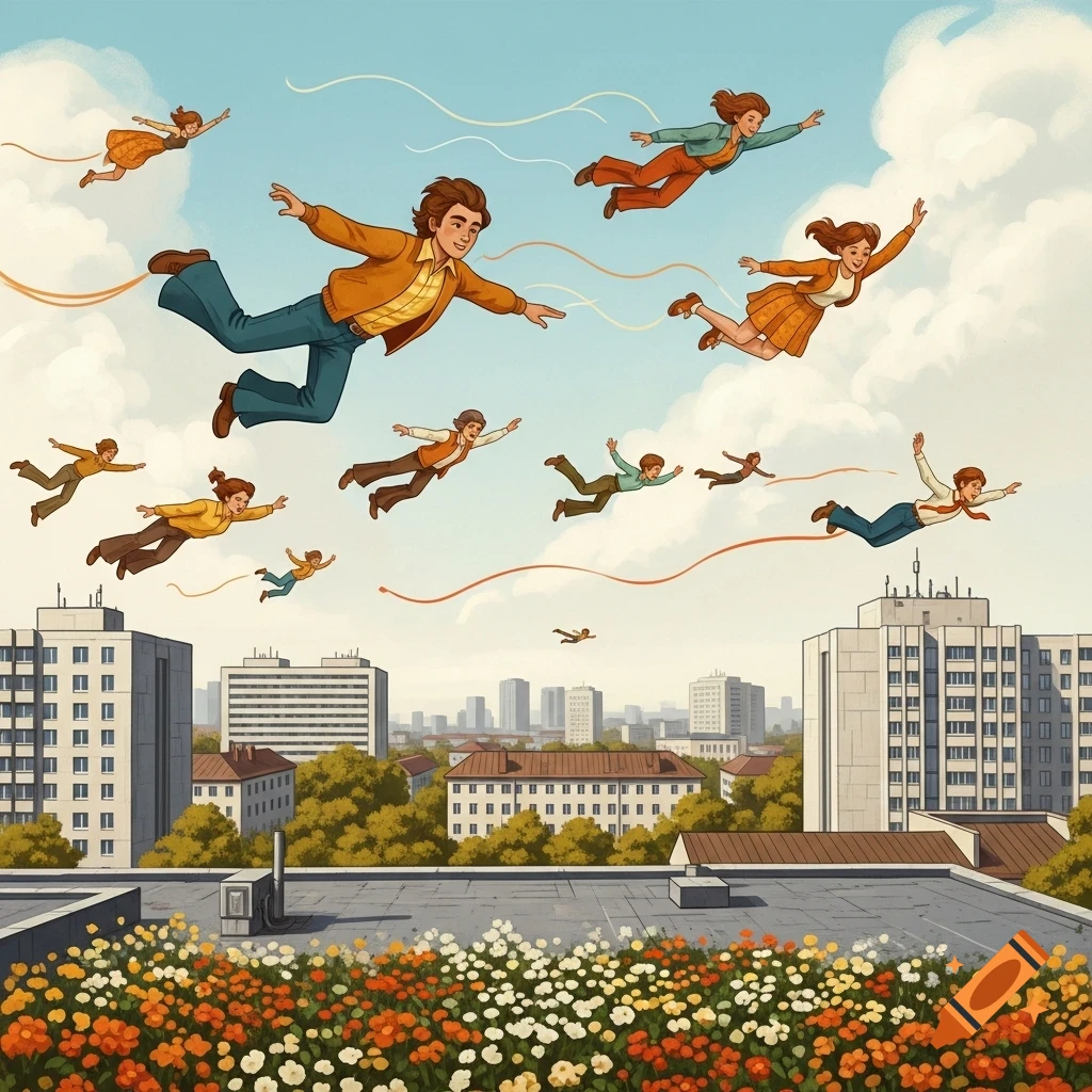 A humorous 1970s vintage art illustration shows adults and children flying freely over a city with a flower-covered rooftop.