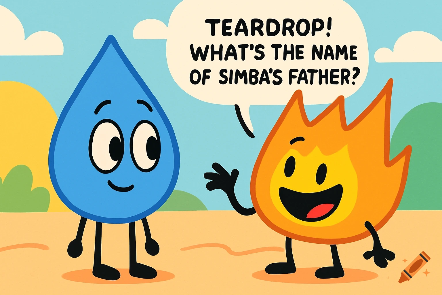 A cute blue teardrop character and an orange fire character stand facing each other. The fire character speaks in a bubble: "TEARDROP! WHAT'S THE NAME OF SIMBA'S FATHER?"