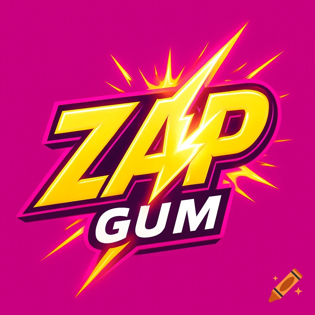 Vibrant yellow and pink Zap Gum logo with a lightning bolt design.