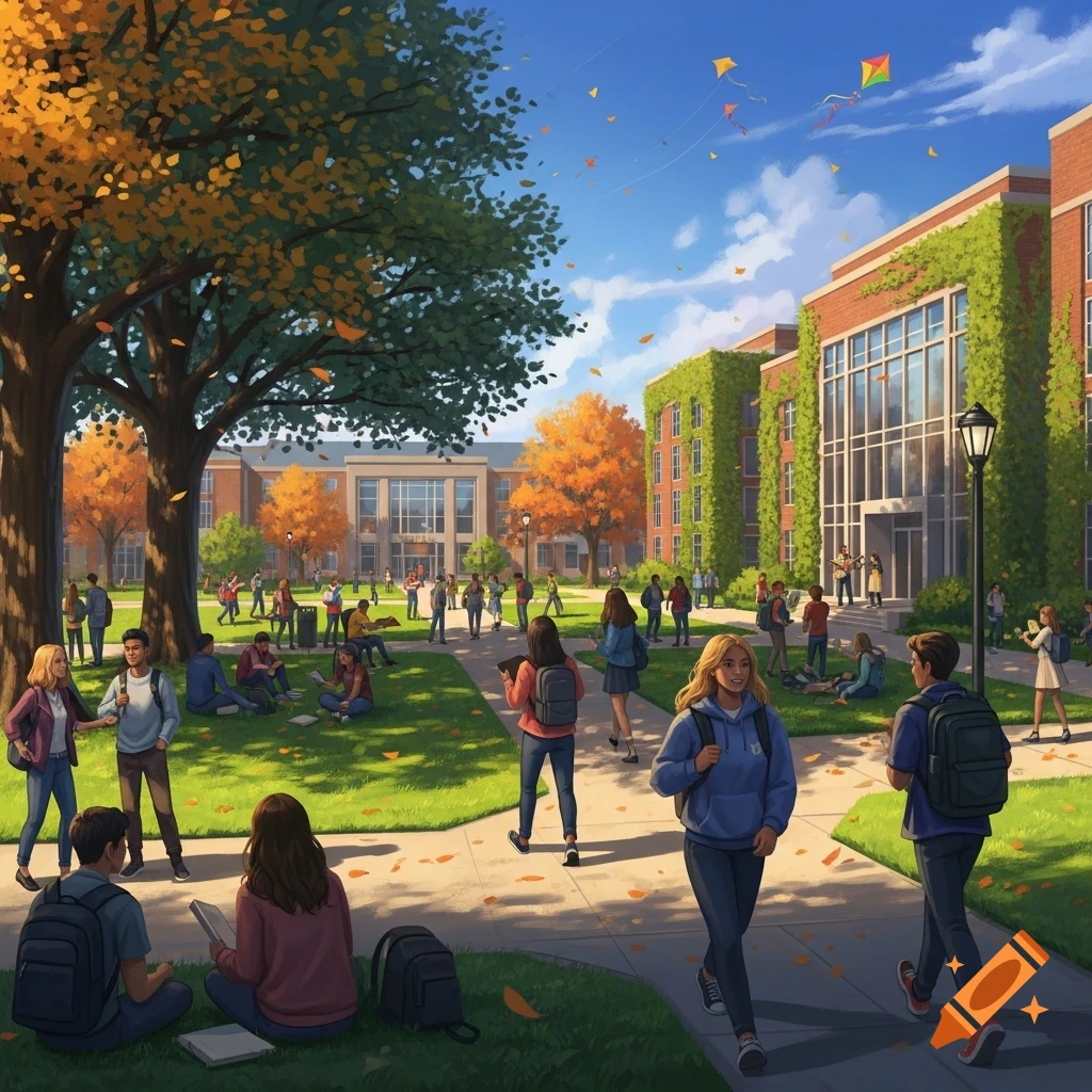 An illustrated university campus scene in autumn with students walking and relaxing on a sunny day.