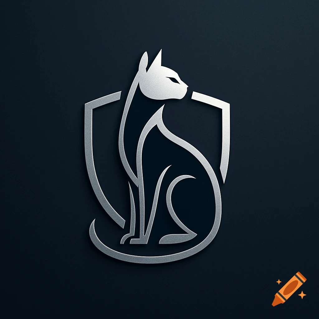 A stylized silver cat logo sitting within a shield shape on a dark grey background.