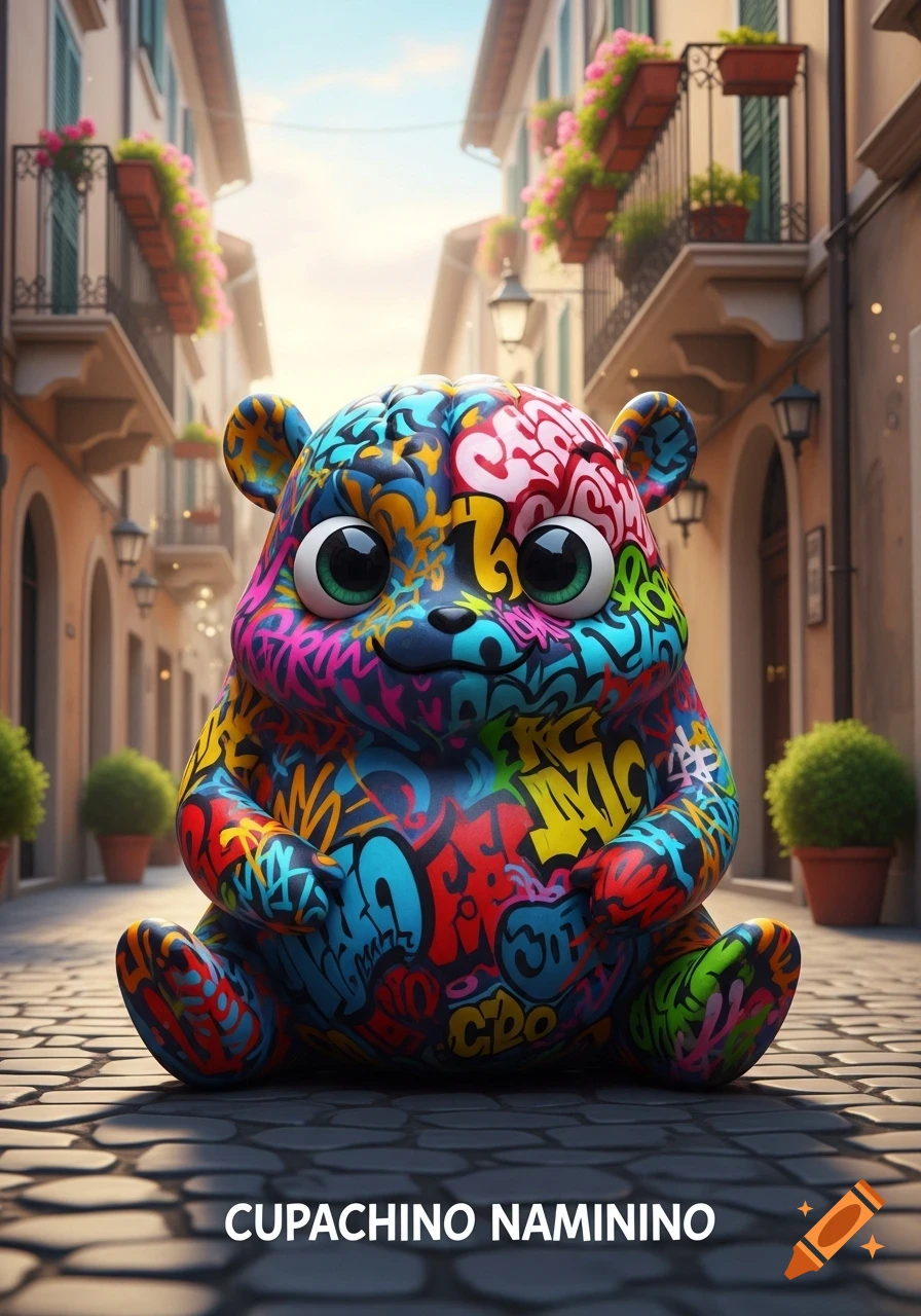 A vibrant, graffiti-covered cartoon creature with large eyes sits on a cobblestone street in an Italian alley.