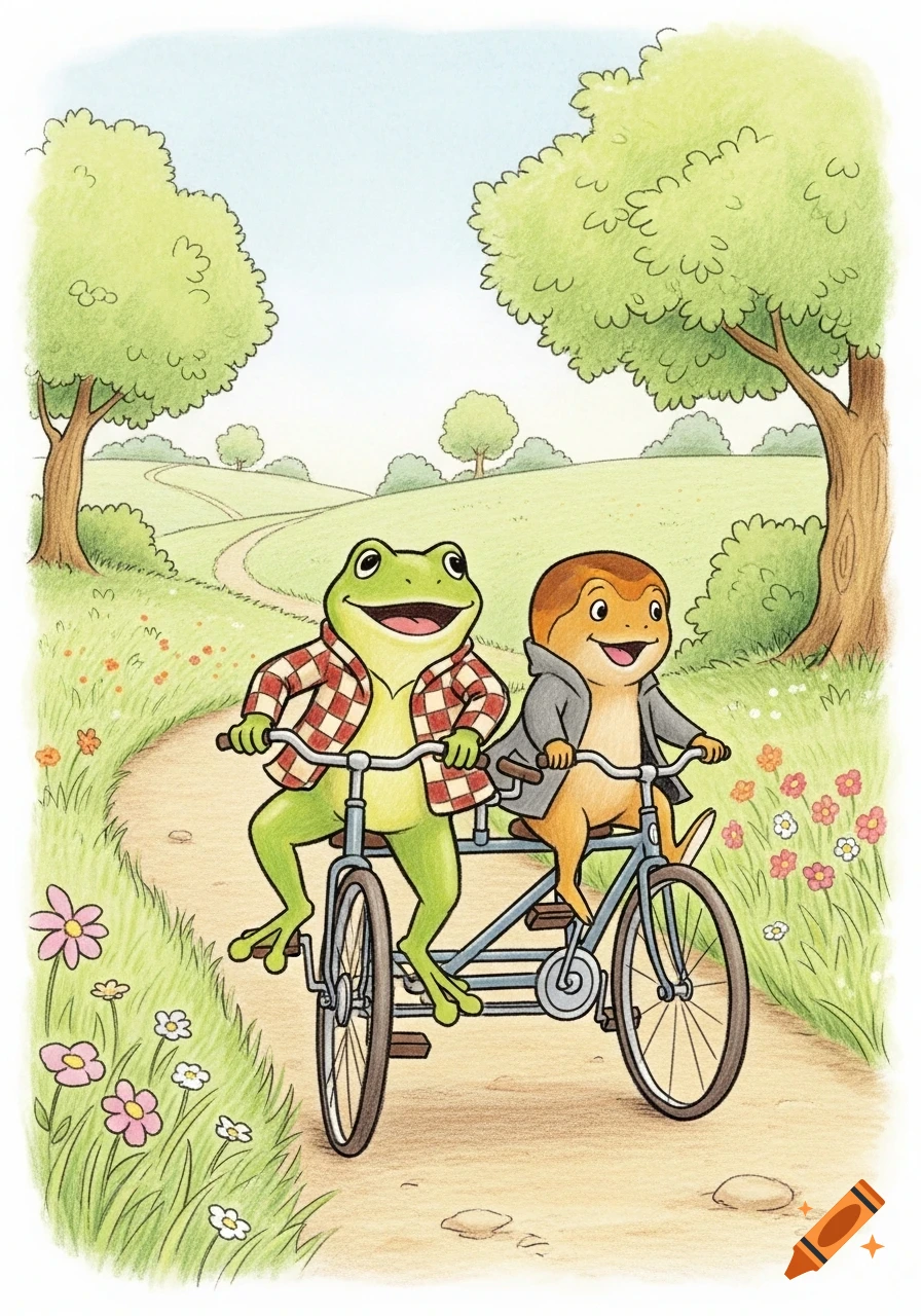 A frog and toad ride a tandem bicycle down a path in a field of trees and flowers, in the style of Arnold Lobel.