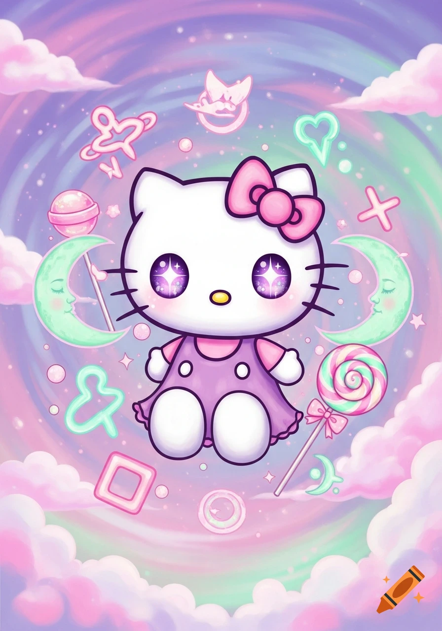 Dreamcore Hello Kitty character with sparkling purple eyes, wearing a pink bow and purple dress, surrounded by pastel clouds, lollipops, crescent moons, and neon-like symbols against a soft rainbow sky.