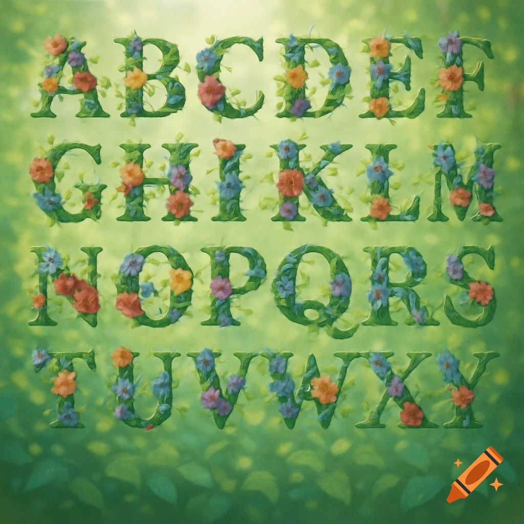 The entire English alphabet, A through Z, depicted as vibrant green letters intertwined with colorful flowers and leaves on a soft green background.