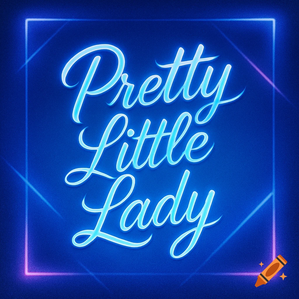 Neon blue cursive text reads 'Pretty Little Lady' inside a glowing blue square frame on a dark blue textured background.