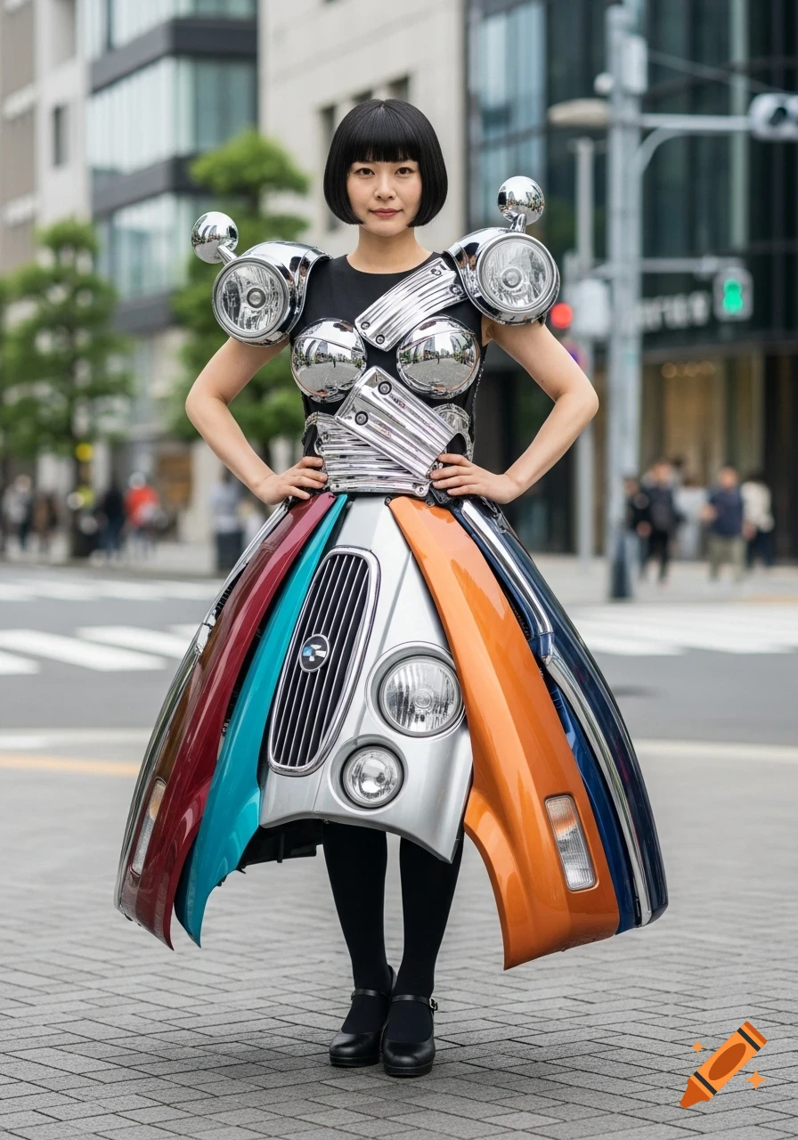 A Japanese woman wearing a black dress and a skirt made from various colorful car parts stands on a city street.