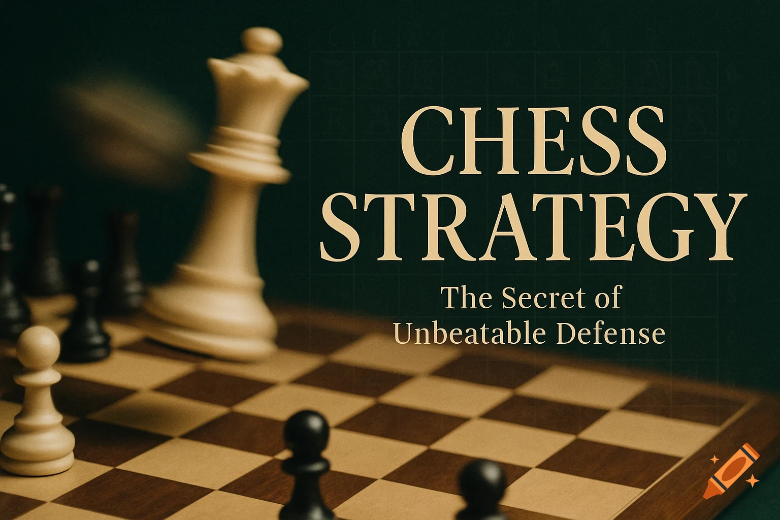 A chess queen in motion blur over a chessboard, with text 'CHESS STRATEGY The Secret of Unbeatable Defense' on a dark background.