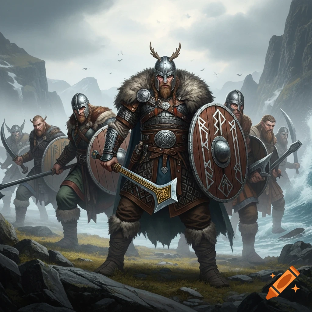 A group of formidable Viking warriors in armor with shields and axes stands in formation on a rugged, misty coastline.