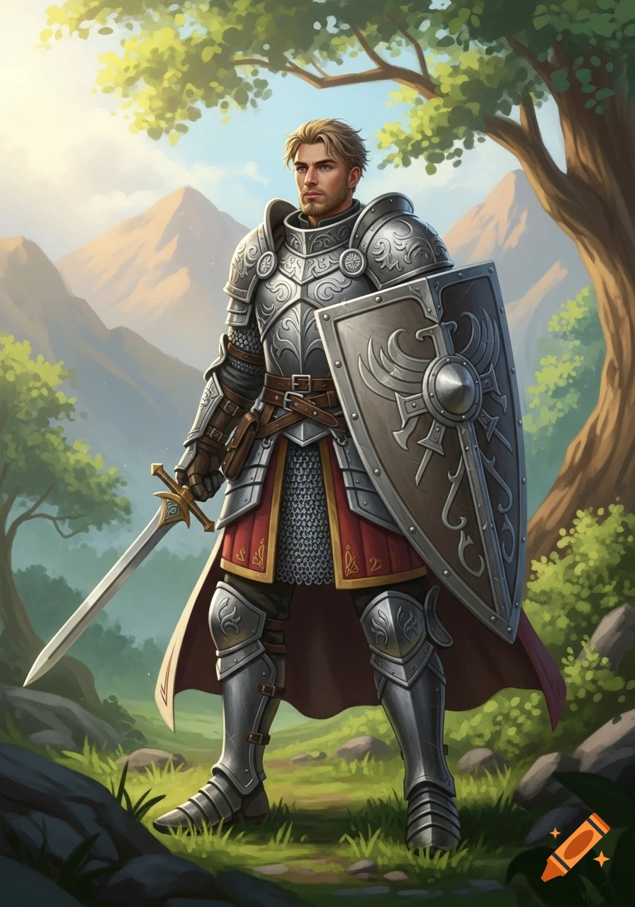 A male paladin in ornate plate armor and chainmail, holding a sword and shield, stands in a vibrant forest with mountains.