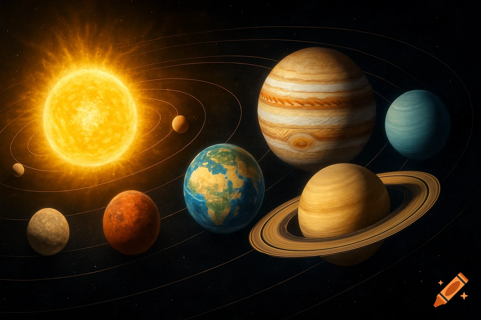 The Sun, Mercury, Venus, Earth, Mars, Jupiter, Saturn, Uranus, and Neptune orbit in space, showing their unique colors and features.