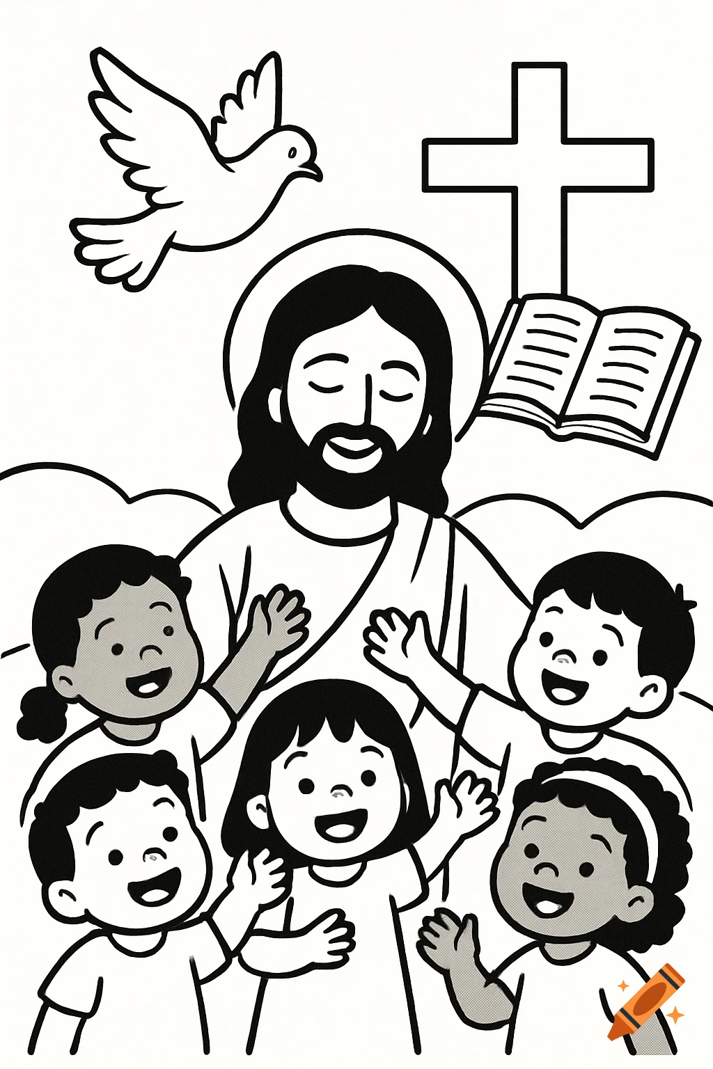 Black-and-white coloring page of Jesus surrounded by smiling children, with a dove, cross, and open Bible.