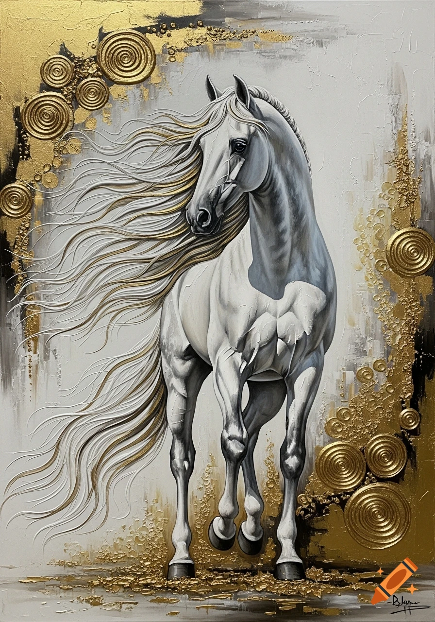 Textured oil painting of a majestic white horse with a flowing mane and ...