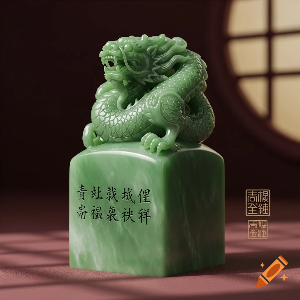 A meticulously carved green jade seal with a dragon coiled on top, featuring Chinese characters on its base, against a dark background.