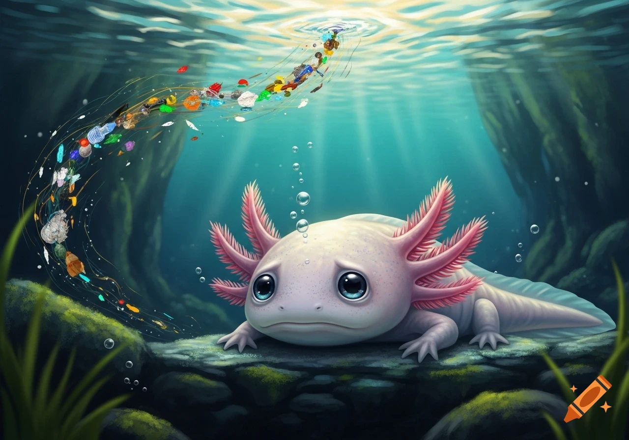 An adorable, sad axolotl with big eyes rests on underwater rocks, looking up at a stream of colorful plastic pollution.