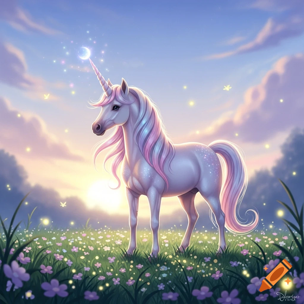 A majestic unicorn with a flowing pink and blue mane stands in a field of glowing purple flowers under a pastel sunset sky with a crescent moon.