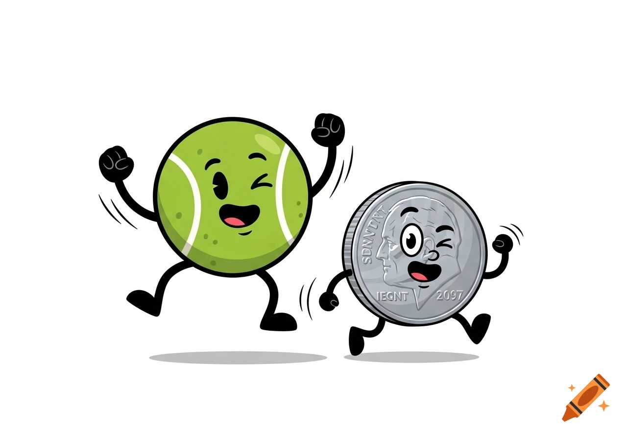 A green cartoon tennis ball and a silver cartoon nickel, both with happy winking faces, arms, and legs, running.