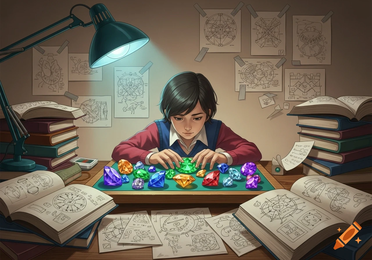 An anime-style person intently examines glowing colorful gems on a green mat, surrounded by stacks of books and detailed schematic drawings taped to a wall.
