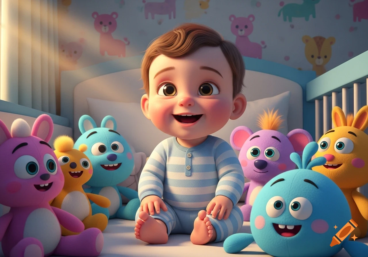 A happy, smiling cartoon-style baby boy with big eyes sits in a crib surrounded by colorful plush animal toys.