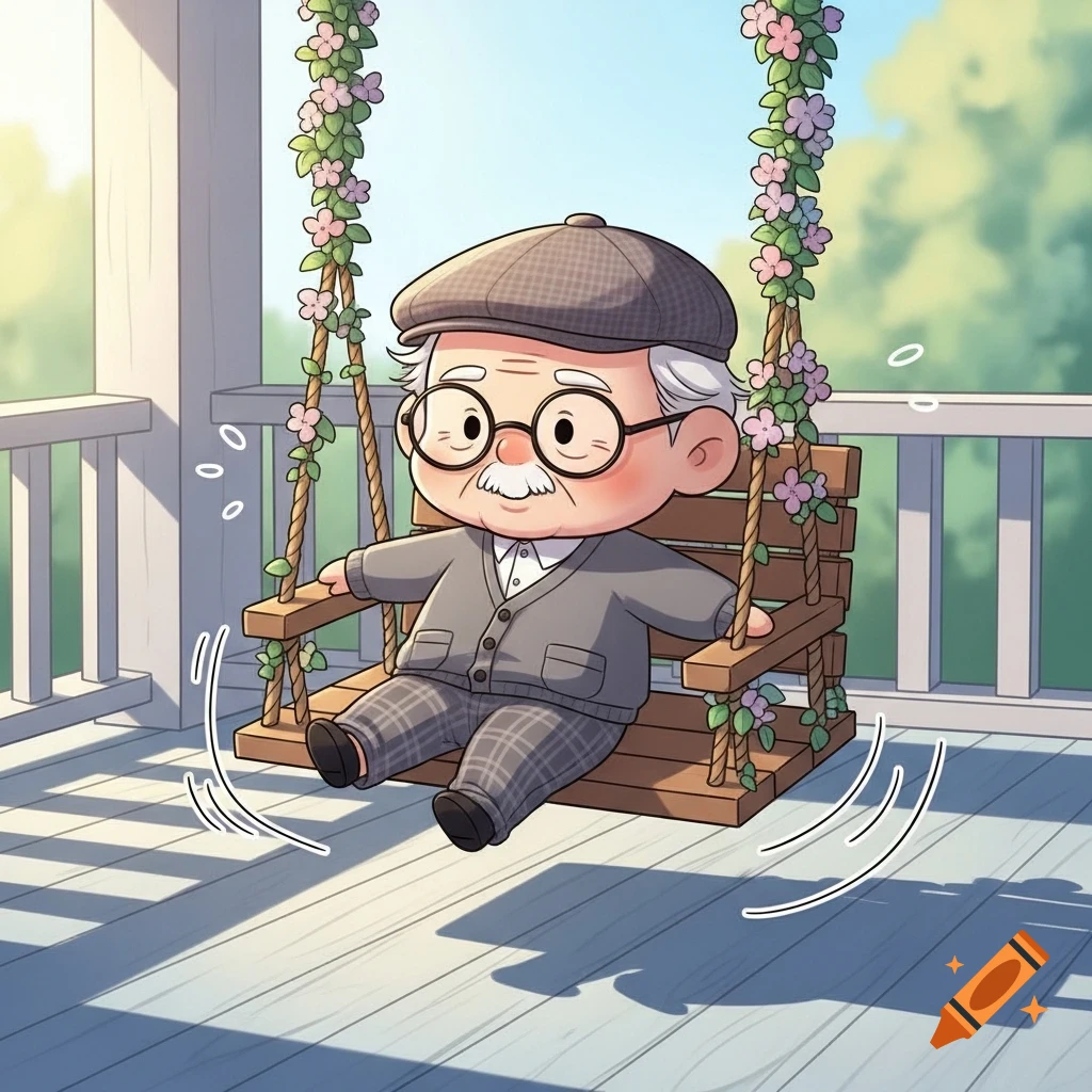 A cartoon chibi old man with glasses and a mustache swings on a flower-decorated porch swing.