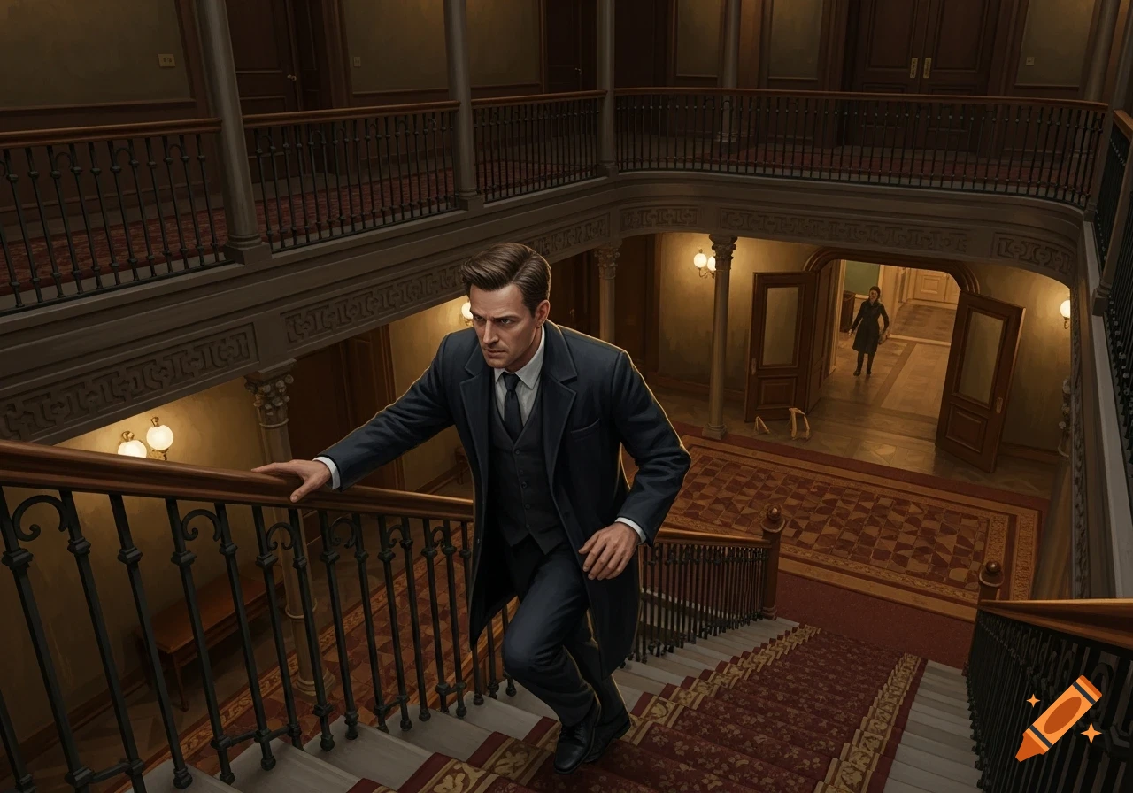 A man in a suit runs up a grand, carpeted hotel staircase, looking tense, as another figure appears downstairs.