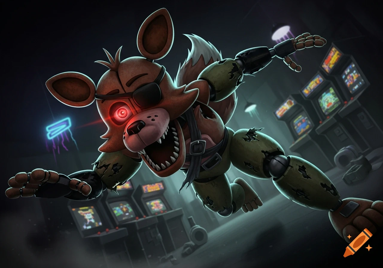 Foxy, a reddish-brown animatronic fox with an eyepatch, glowing red eye, and sharp teeth, lunges in a dark arcade.