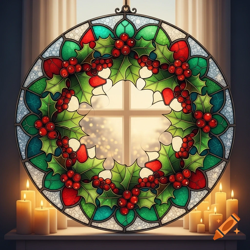 A vibrant stained glass Christmas wreath with holly leaves and red berries, hanging in a window above lit candles.