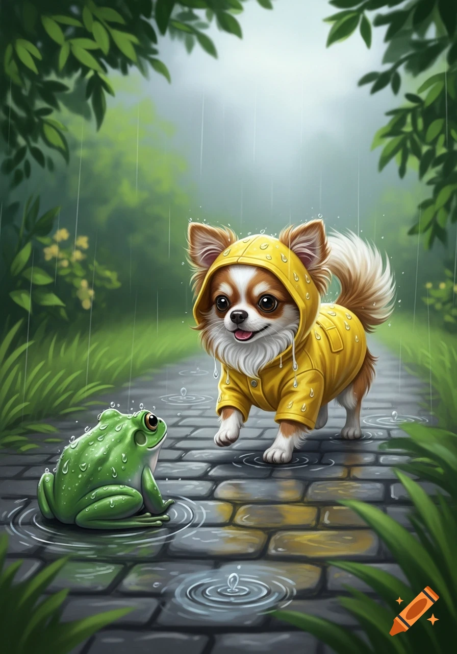 A cute chihuahua in a yellow raincoat walks on a wet stone path, looking at a green frog in the rain. Illustration.