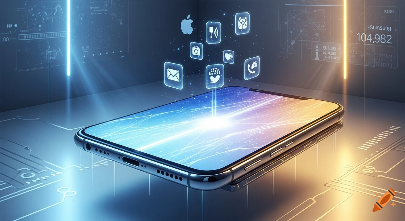 Futuristic smartphone with glowing Apple logo, Samsung text, app icons, and digital data in a neon blue and orange tech environment.