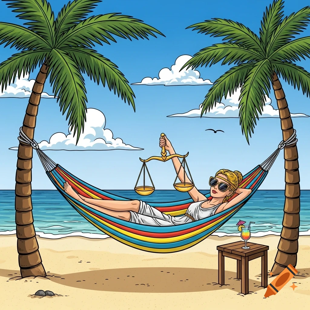 A cartoon woman, representing Justice, relaxes in a colorful hammock on a beach between two palm trees, holding scales. A cocktail is on a nearby table.