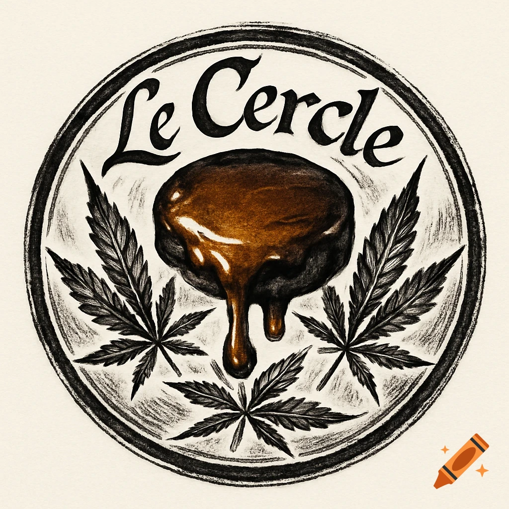 Circular logo in Japanese ink paint style with text 'Le Cercle', cannabis leaves, and a melting dark amber patty.