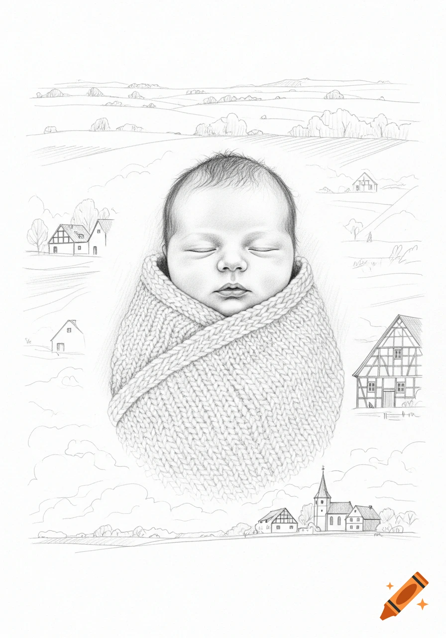 Pencil drawing of a sleeping baby swaddled in a knitted blanket, surrounded by a rural German landscape with houses and a church.