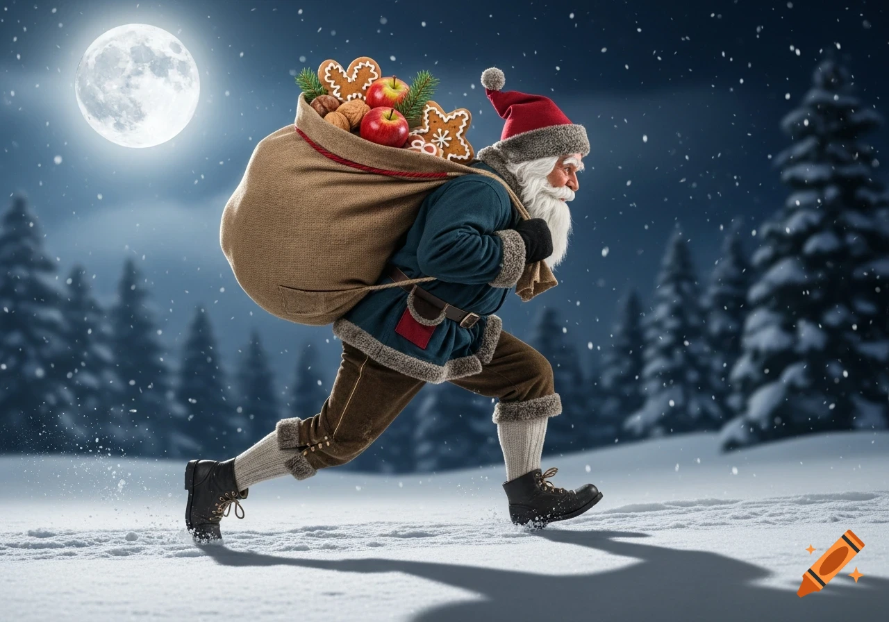 Santa Claus runs through a snowy forest at night, carrying a large gift ...