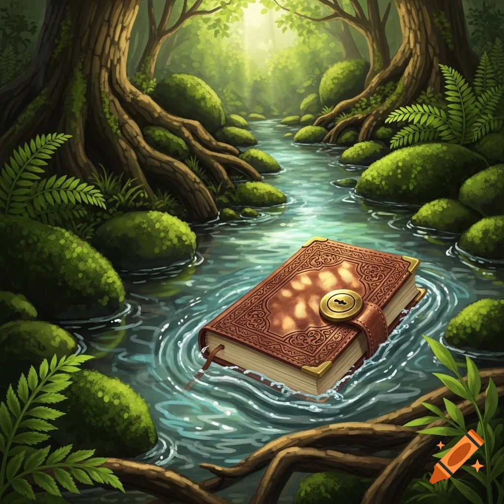 A decorative, leather-bound book with a gold clasp floats in a clear stream flowing through a lush, mossy forest in an illustrative style.