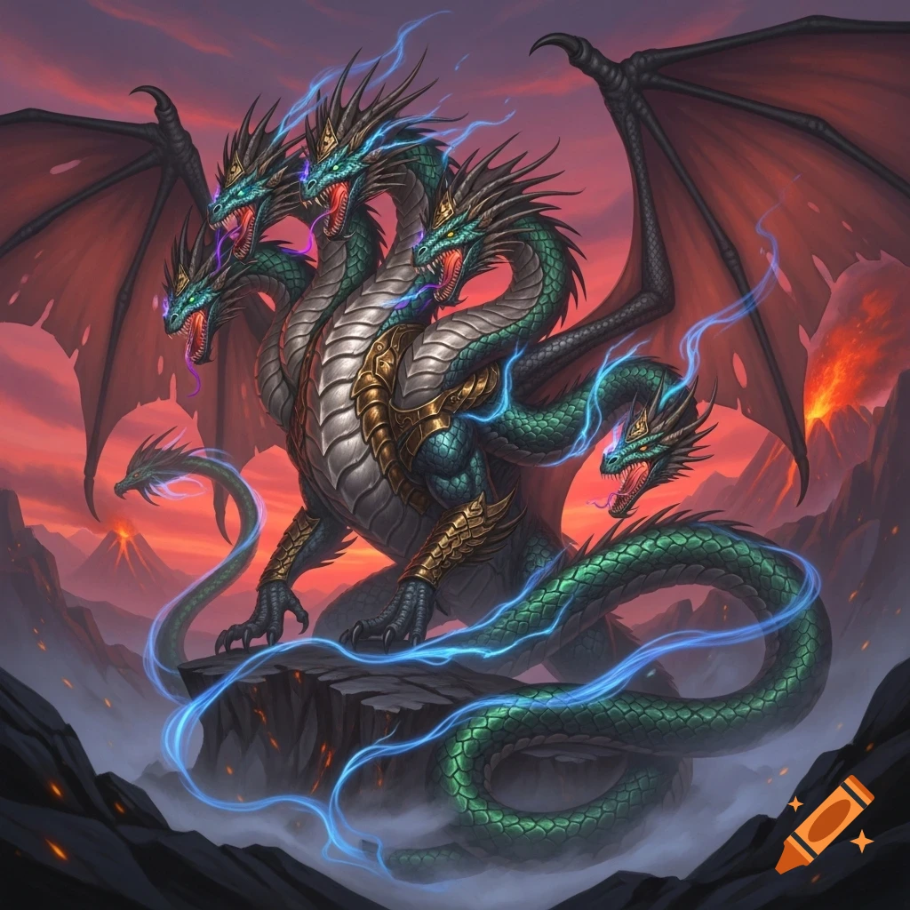 A majestic five-headed green dragon with large red wings, adorned with gold armor, glowing with blue energy in a volcanic landscape at sunset.