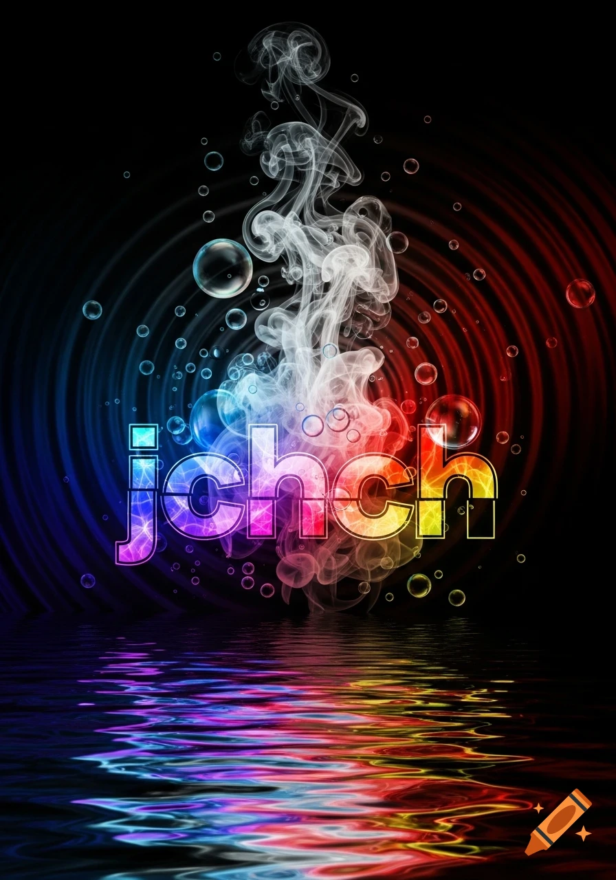 Colorful text 'jchch' amidst rising smoke and bubbles, reflected on a wavy water surface with concentric rings.