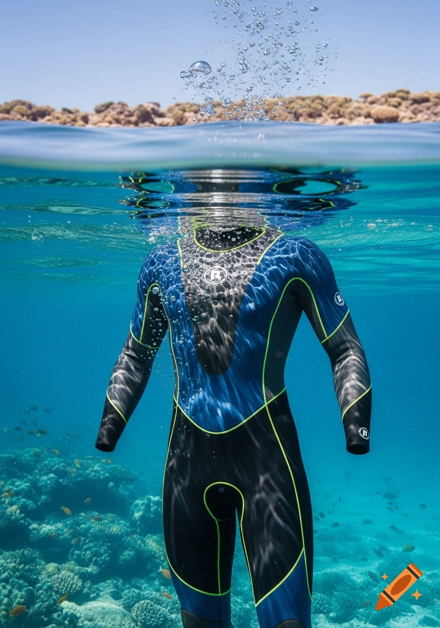 A blue and black wetsuit with yellow-green seams floats in clear blue ocean water, with a coral reef below and land above the surface. Bubbles rise from the wetsuit.
