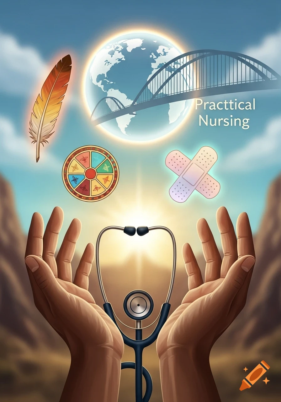 Stylized illustration of hands holding a stethoscope, surrounded by symbols: a feather, medicine wheel, bandage, globe, bridge, and text 'Practtical Nursing'.