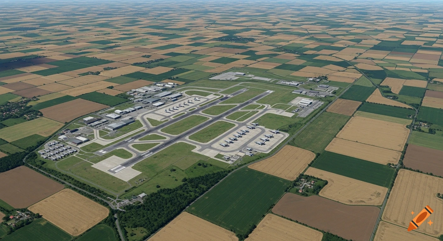Aerial view of a sprawling airfield with runways and parked aircraft, surrounded by a patchwork of green and brown agricultural fields.