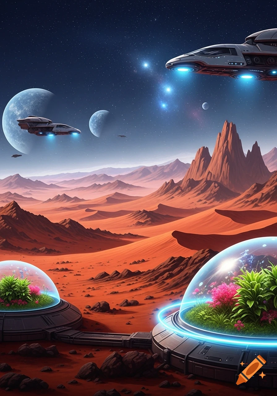 Futuristic spaceships soar above a red alien desert planet with rugged mountains, multiple moons, and domed habitats with plants, under a starry sky.