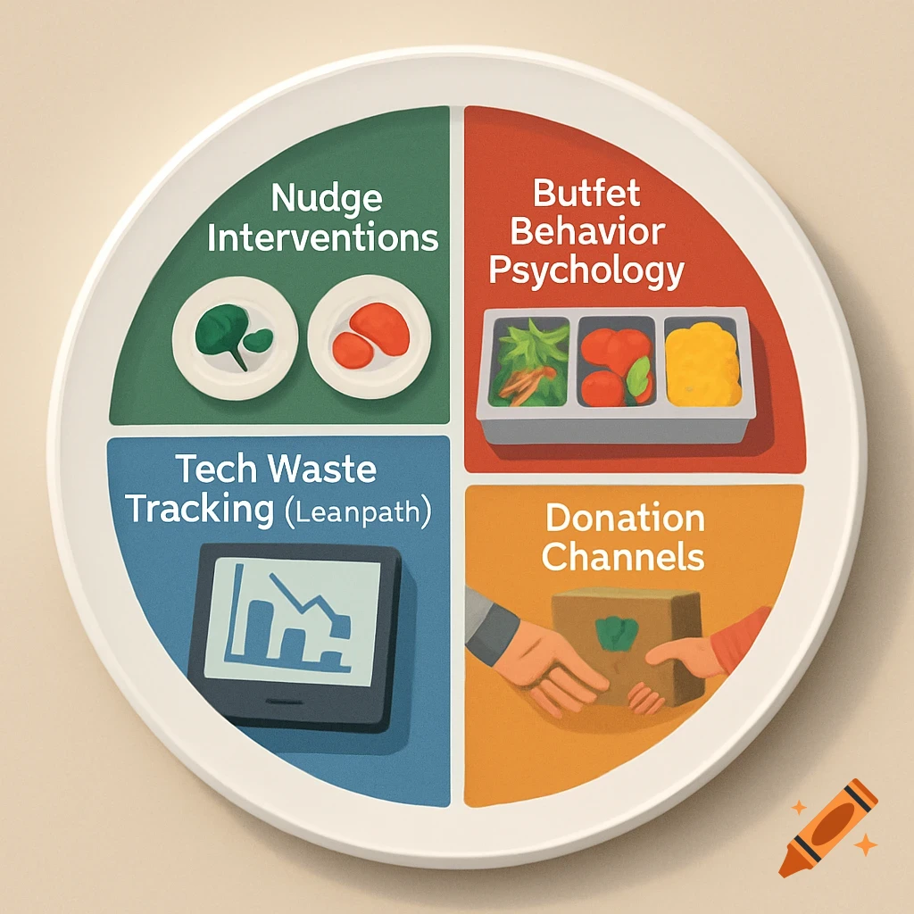 A portion-control style plate with four sections: Nudge Interventions, Butfet Behavior Psychology, Tech Waste Tracking, and Donation Channels, all related to food waste research.
