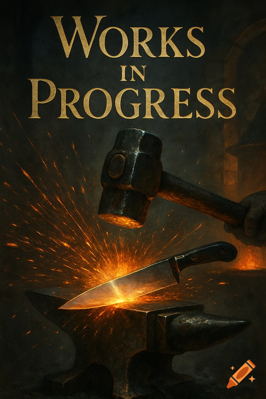 A close-up of a hammer striking a glowing knife on an anvil, creating a shower of sparks. The text 'WORKS IN PROGRESS' is at the top. Dark, dramatic style.