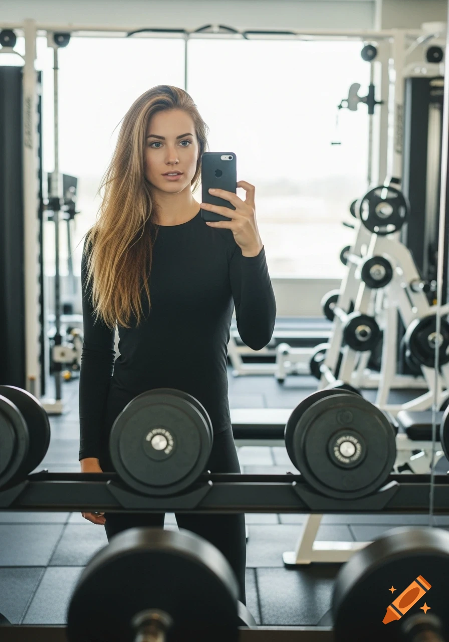 Photorealistic image of a young woman in black activewear taking a mirror selfie in a gym with weights in the foreground.