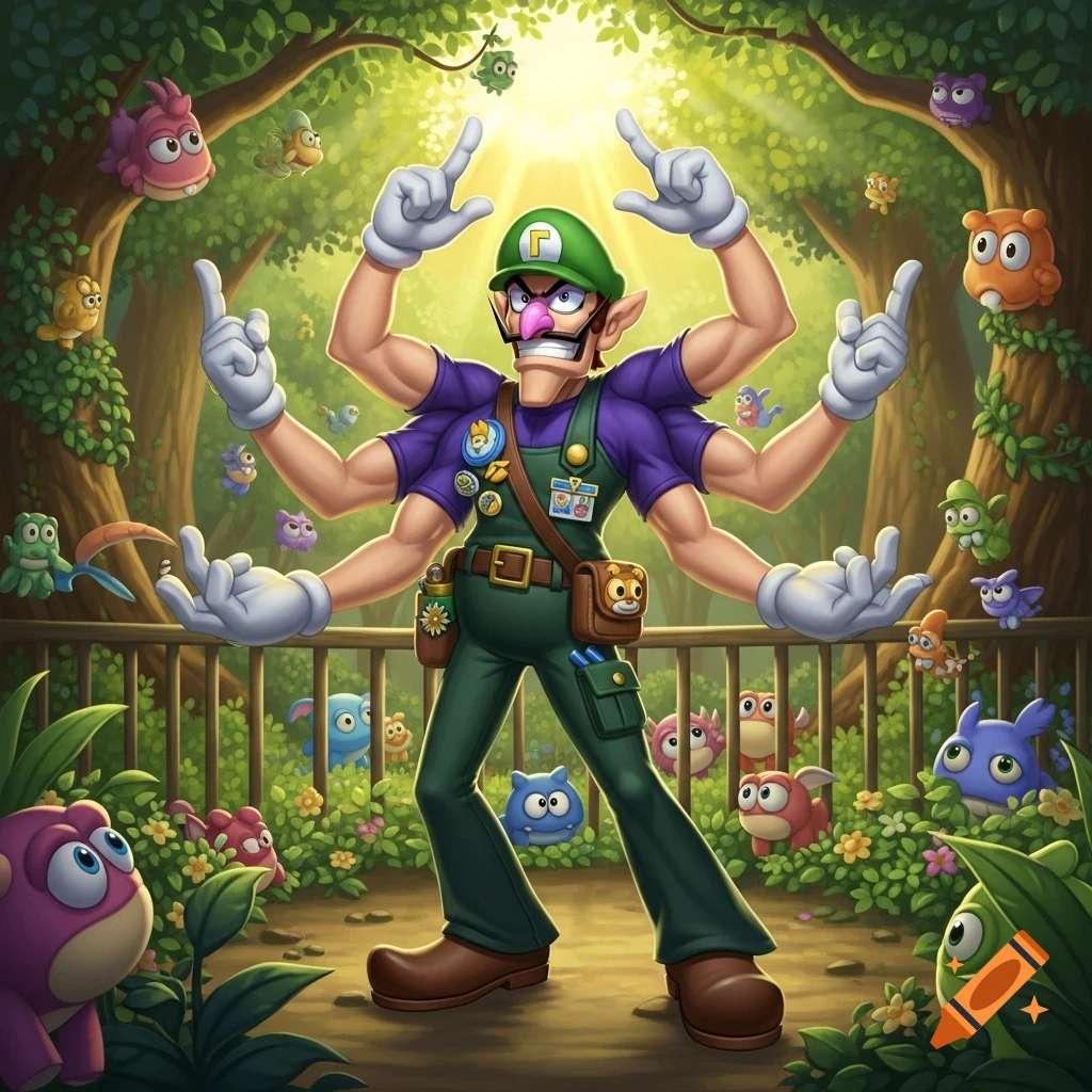 Waluigi with six arms in a green zookeeper outfit poses in a sunny, lush forest filled with various colorful, cartoonish creatures.