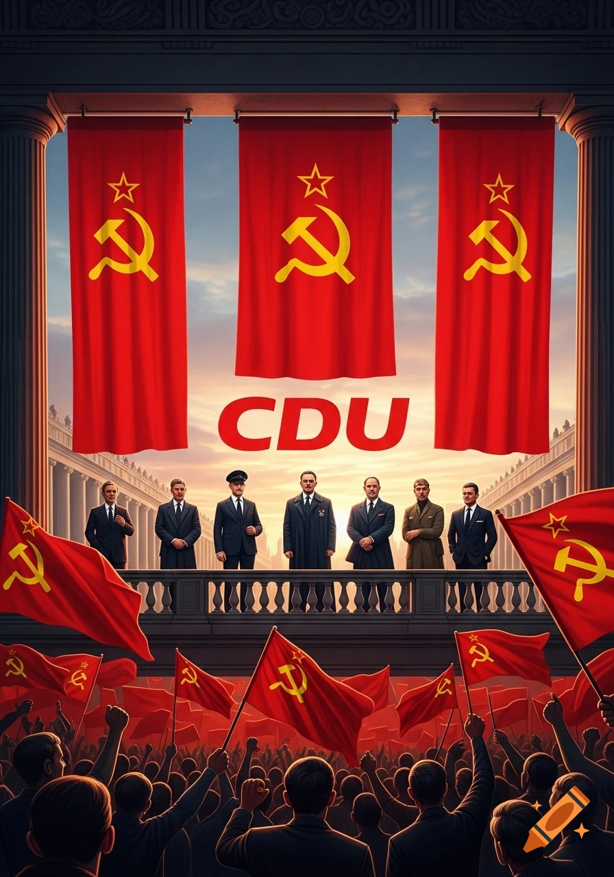 A political rally illustration with a crowd waving red flags with hammer and sickle symbols, beneath a balcony with men in suits. Large red banners above read "CDU" alongside the hammer and sickle.