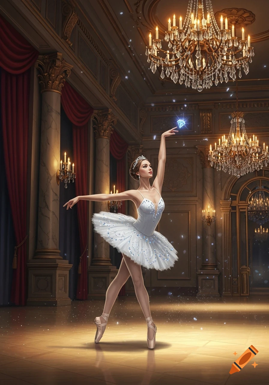A ballerina in a white tutu on pointe, reaching for a glowing diamond in an ornate ballroom with chandeliers.