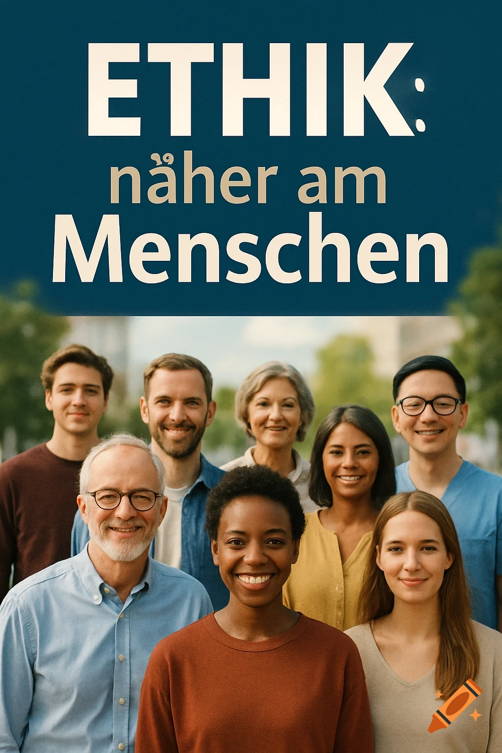 A diverse group of smiling people stand below the slogan "ETHIK: näher am Menschen" (Ethics: closer to people) on a dark blue background.