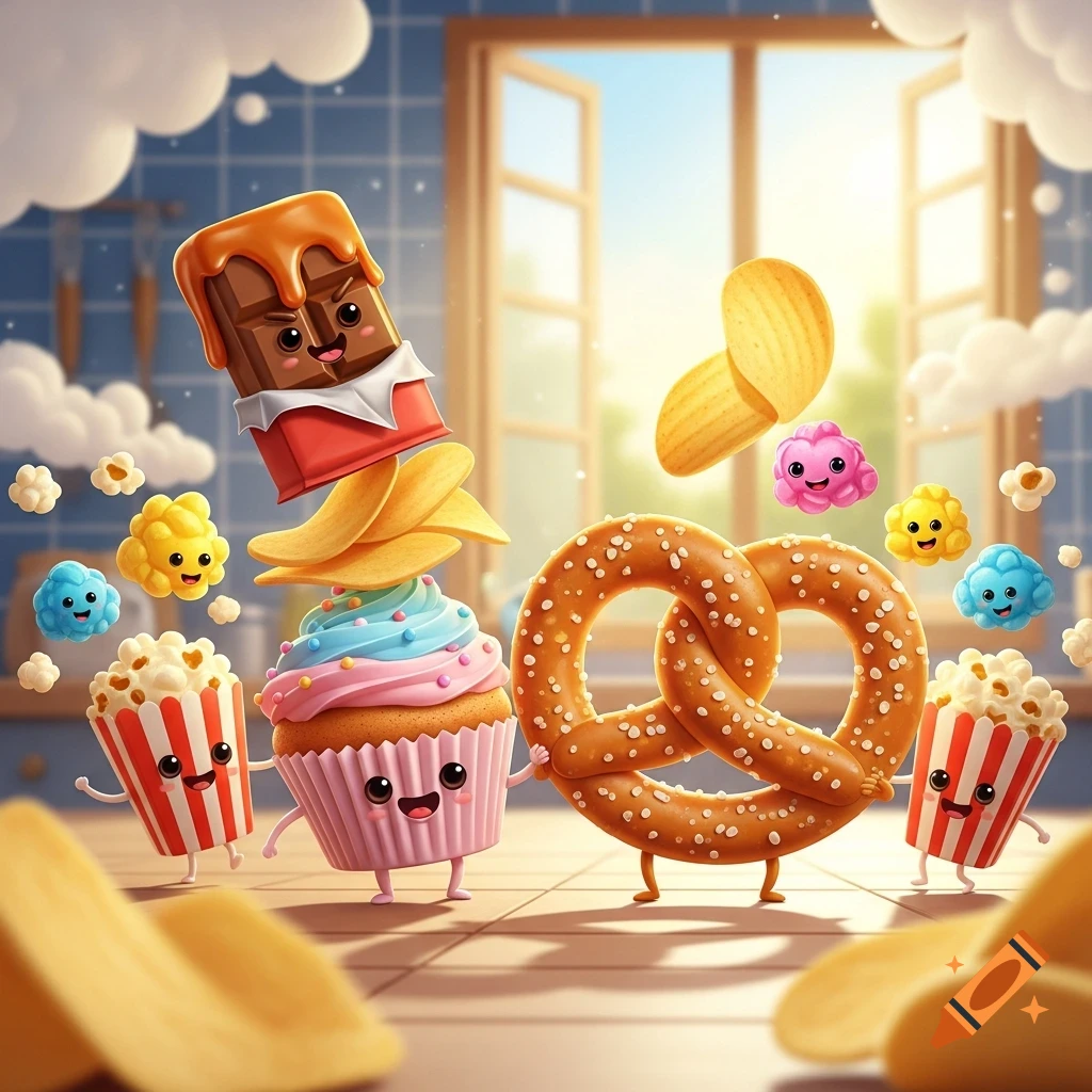 Cartoon sugary and salty foods with faces, like a cupcake, chocolate bar, pretzels, and popcorn, dancing in a sunlit kitchen.