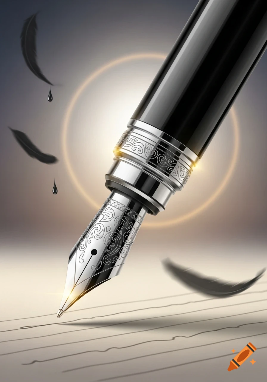 Close-up of a black fountain pen nib touching lined paper, with ink drops and blurred feathers in the background.