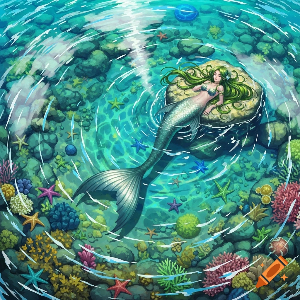 Mermaid with long green hair resting on a rock in a clear blue tidal pool with colorful coral and starfish, viewed from above, illustration.